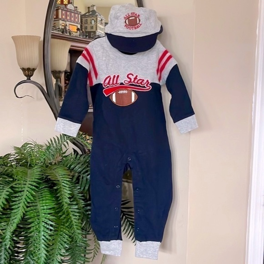 Brand New All Star Classic Football Romper Baby Onesie w/ Hat Blue Gray Red 24M
